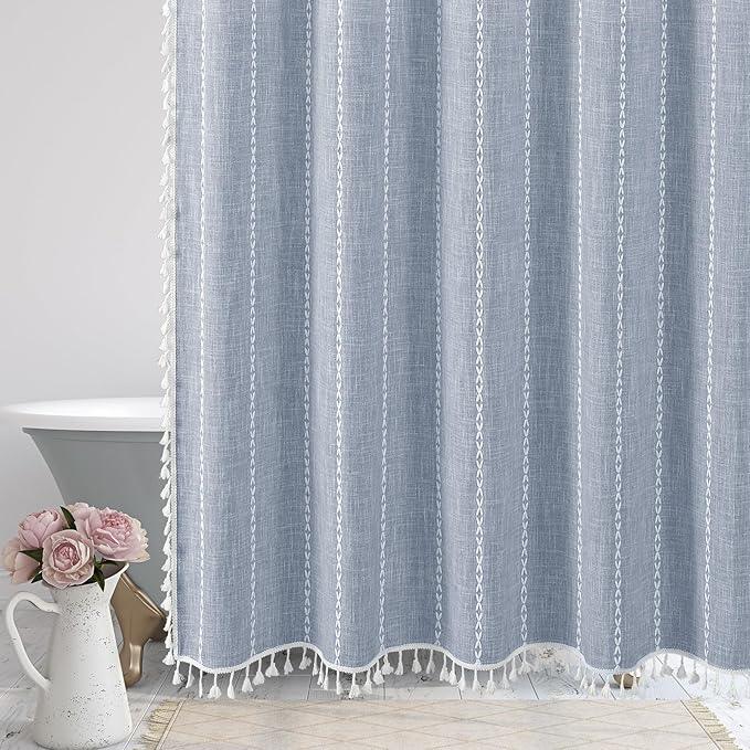 MitoVilla No Hooks Required Boho Farmhouse Shower Curtain with Snap-in Liner, Cotton Linen Fabric Shower Curtains with Tassels for Rustic Neutral Bathroom Decor, Blue, 72 x 74 - ModernBath