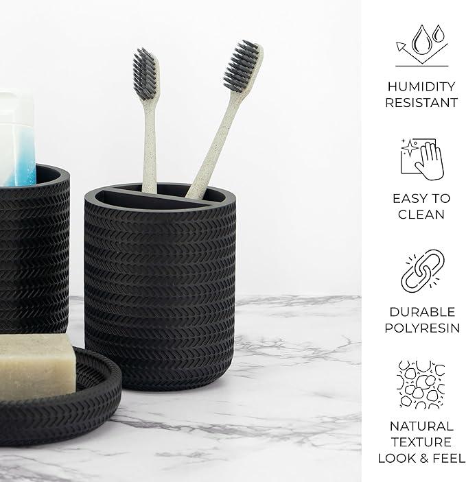 ZCCZ Black Bathroom Accessories Set 4 Pcs - Toothbrush Holder, Soap Dispenser, Vanity Tray, Tumbler - Countertop Organizer for Bathroom - Modern Accessory Set for Home Decor and Storage - ModernBath