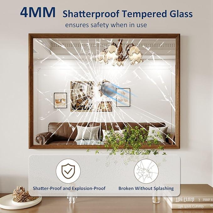 WEER Bathroom Mirror, 40x30 Inch Wall Mirror, Walnut Wood Grain Framed Mirror, Rectangle Vanity Mirror, Tempered Glass, Anti-Rust, Hangs Horizontally or Vertically - ModernBath