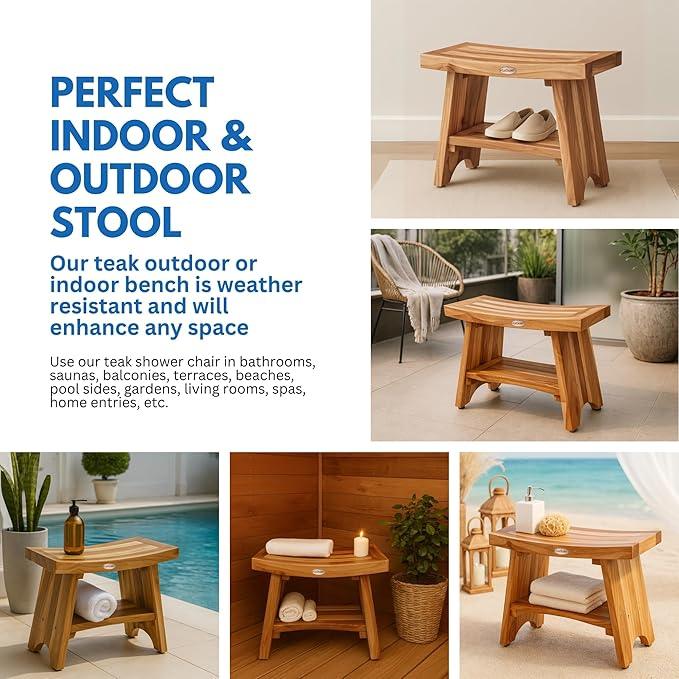 EcoDecors 24 Inch Serenity Teak Shower Bench – Waterproof Bathroom Seat with Large Storage Shelf For Adults & Seniors | Spa-Style Teak Wood Stool with Non-Slip Feet, Elegant Finish, 300 Pound Capacity - ModernBath