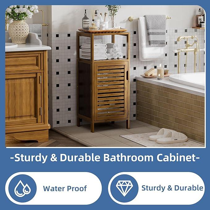 HITNET Bathroom Cabinet, Bamboo Floor Cabinet Free Standing, 4 Tier Sofa Side Storage Cupboard for Living Room Kitchen Bedroom, Walnut - ModernBath