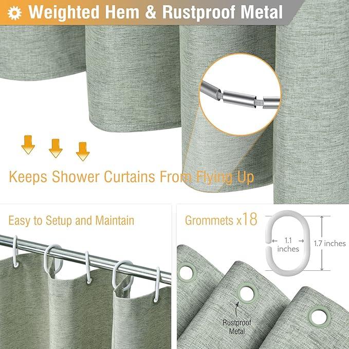BTTN Extra Wide Shower Curtain - 108x72 Inch Linen Textured Waterproof Fabric Shower Curtain Set with 18 Plastic Hooks, Large Modern Decorative Shower Curtains for Bathroom and Bathtub - SageGreen - ModernBath