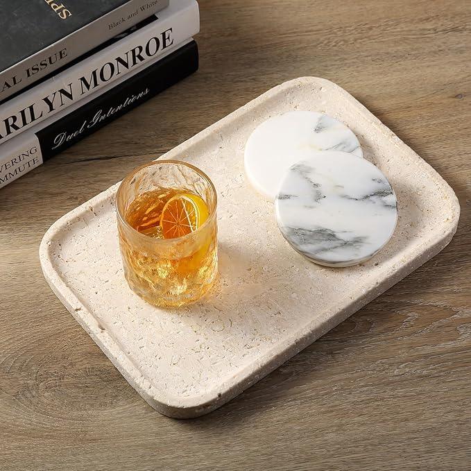 Karibiber Natural Marble Vanity Tray, 11.8" Marble/Stone Bathroom Tray Countertop, Beige Tray for Decor, Perfume Jewelry Holder, Storage/Organizer for Kitchen Sink - ModernBath