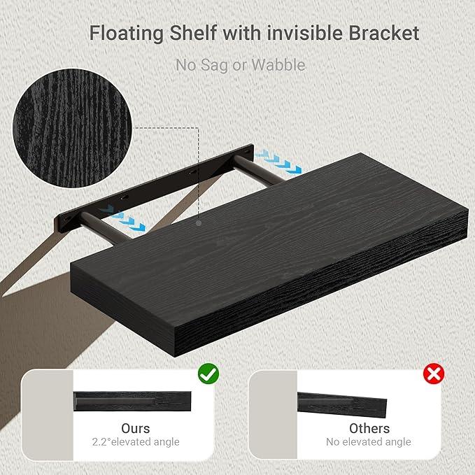 Vivelove Black Bathroom Shelves Over Toilet, 16" Floating Shelves, Wall Shelf for Bathroom Bedroom, Living Room, Kitchen, Office Home Decor, Narrow Shelves with Invisible Brackets Set of 2 - ModernBath
