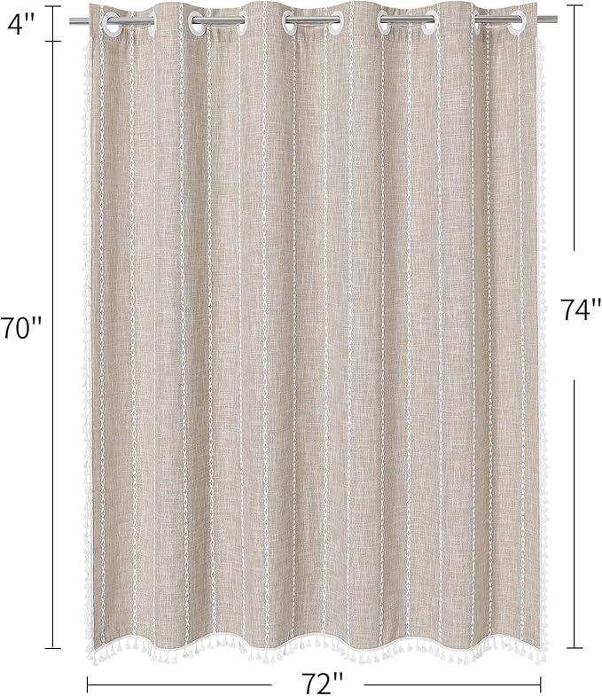 MitoVilla No Hooks Required Boho Farmhouse Shower Curtain with Snap-in Liner, Taupe Cotton Linen Fabric Shower Curtains with Tassels for Rustic Neutral Bathroom Decor,72 x 74 - ModernBath