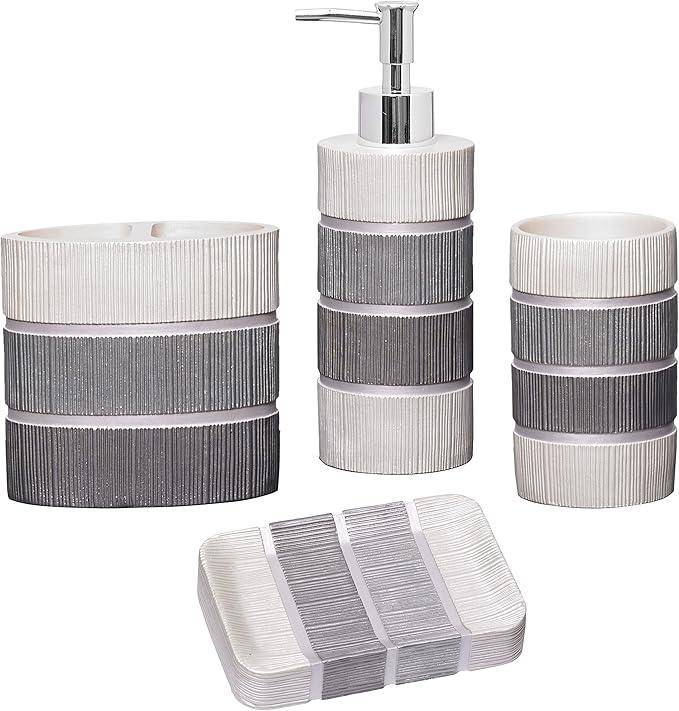 Zahari Home 4pc Modern Line Modern Bathroom Accessories Set Modern Soap Dispenser, Tumbler, Tooth Brush Holder and Dish Soap Holder Luxury Contemporary Grey Decor Unique Design Luxury Bath Set - ModernBath