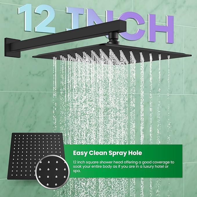 gotonovo Rainfall Bathroom Shower System Rain Shower Head and Handle Set Wall Mounted Shower Complete Combo Solid Brass Pressure Balancing Shower Mixer Valve 12 Inch Matte Black - ModernBath