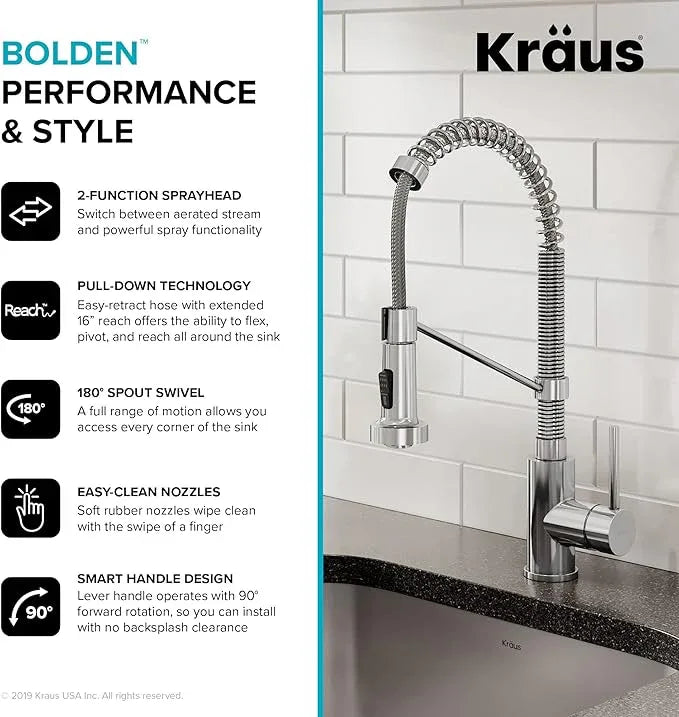 KRAUS Bolden Commercial Style 2-Function Single Handle Pull Down Kitchen Faucet in Chrome, KPF-1610CH (Pack of 1) - ModernBath