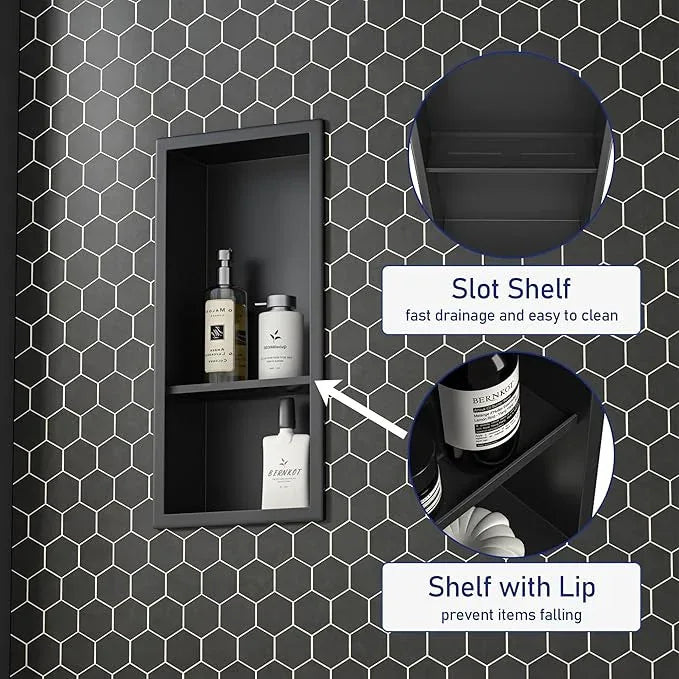 Stainless Steel Shower Niche 8"×18" with Shelf Matte Black No Tiled Needed Niche Shower for Bathroom Wall Recessed Shower Shelf for Bathroom Storage - ModernBath