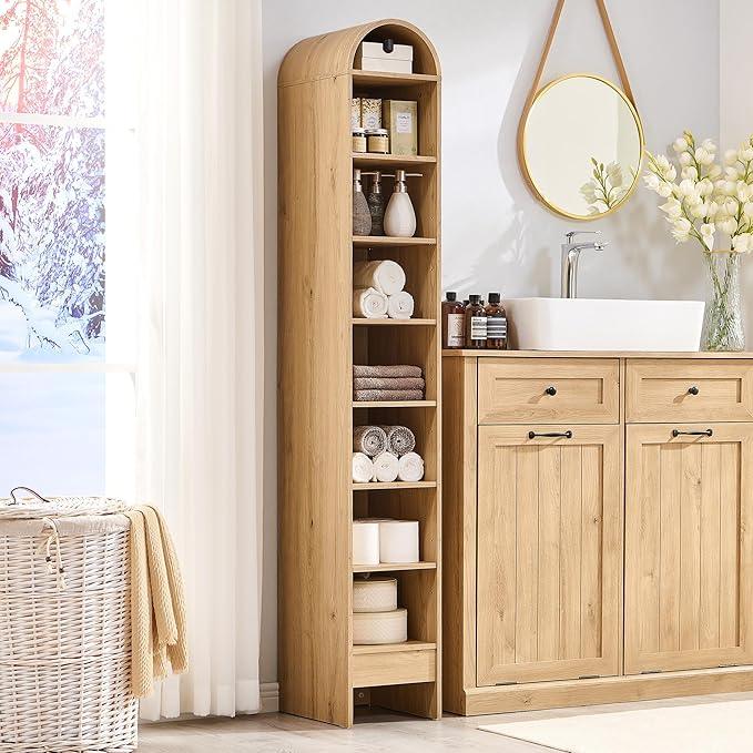 67" Tall Arched Bathroom Storage Cabinet, 8-Tier Modern Farmhouse Storage Cabinet with Adjustable Shelves, Wood Freestanding Cabinet for Bathroom, Living Room, Entryway, Hallway (Natural) - ModernBath