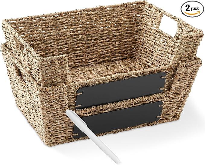 Casafield Set of 2 Seagrass Pantry Baskets with Handles, Chalkboard Labels and Marker - Natural, Wide Woven Storage Bin Organizers for Kitchen Shelves - ModernBath