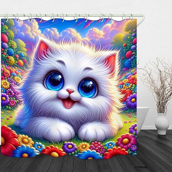 LYFANS Bathroom Using White Cat 3D Shower Curtains, Deluxe Bathtub Standard Shower Curtain, Waterproof and Bright Fabric Shower Curtain Size (72x72 Inches) - ModernBath