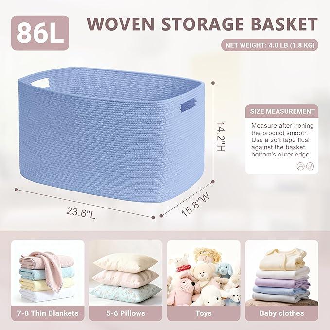 86L Large Baby Girls Laundry Basket for Nursery Storage,Cute Woven cotton Rope Baskets for Kids Toy，Gifts, Boho Square Wicker Blanket hamper for Living Room,Bedroom Dirty Clothes,Blue Purple - ModernBath