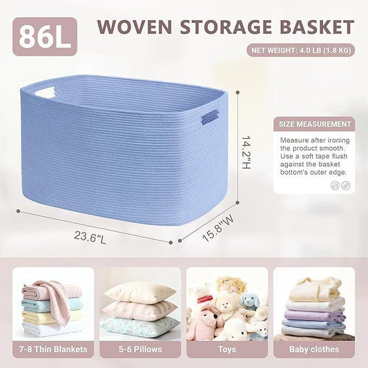 86L Large Baby Girls Laundry Basket for Nursery Storage,Cute Woven cotton Rope Baskets for Kids Toy，Gifts, Boho Square Wicker Blanket hamper for Living Room,Bedroom Dirty Clothes,Blue Purple - ModernBath
