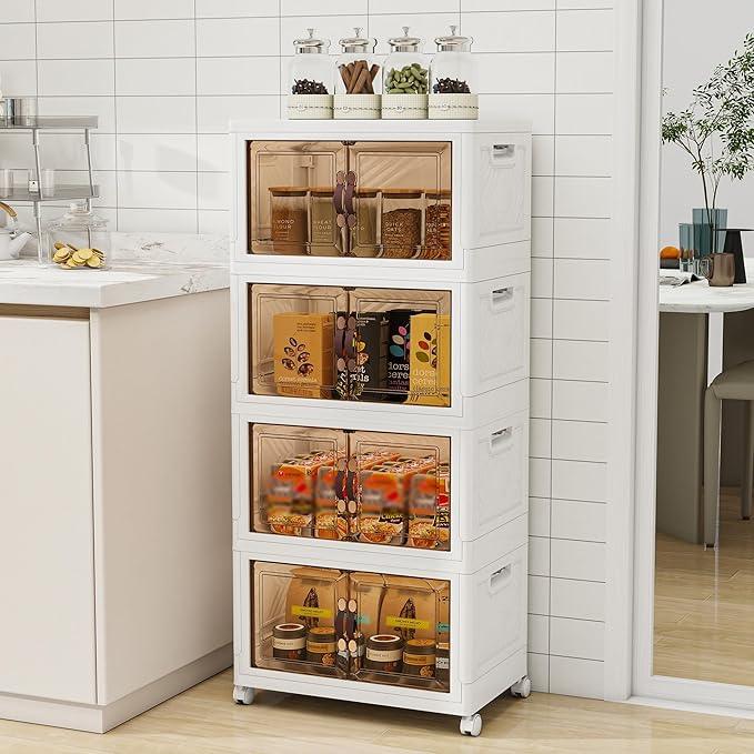 Storage Bins with 2 Lids and Wheels, 270QT-45QT*6Tier Collapsible Bathroom Storage Cabinet with Clear Doors, Plastic Stackable Closet Organizers and Containers White - ModernBath