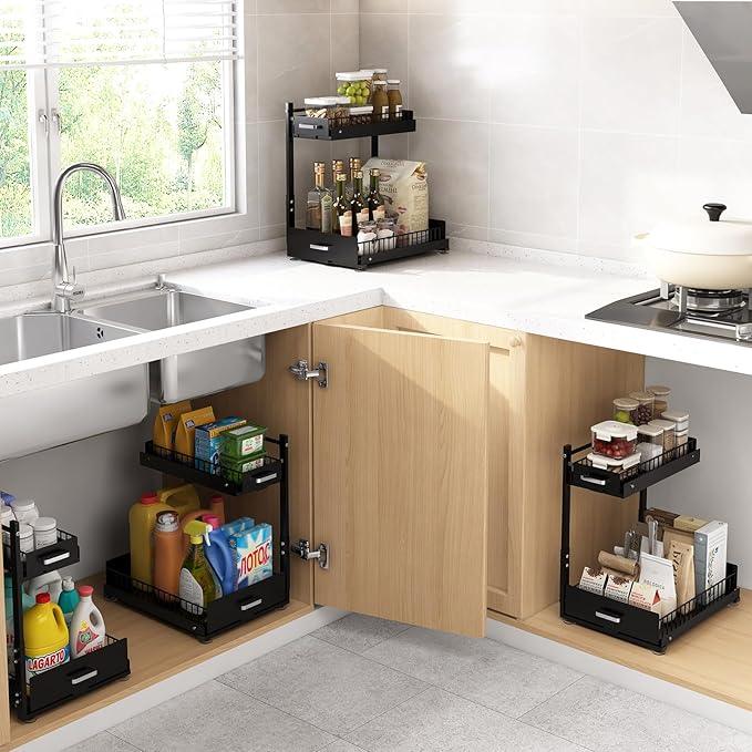 Under Sink Organizer,2 Tier Slide Out Kitchen Cabinet Organizers with Pulley,Under Bathroom Sink Pull Out Organizer with Multiple Height Adjustments for Kitchen and Bathroom Cabinets-Black - ModernBath