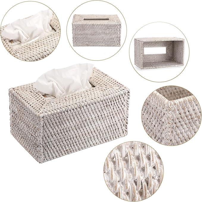 Sumnacon Tissue Box Cover Large Rectangle Tissue Box Rattan Tissue Box Holder,Wicker Decorative Tissue Holder for Bathroom Toilet Living Room Kitchen Office Table Desk,Whitewash - ModernBath