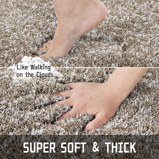 Yimobra Bathroom Rug Set 2 Piece, Soft Absorbent Microfiber Bath Mat Set, Non Slip Machine Washable Dry, Plush Shaggy Shower Rugs for Bathroom Floor, 32"x20"+24"x17", Light Brown and White - ModernBath