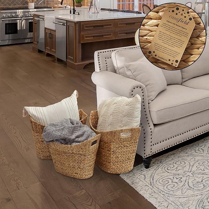 Casafield Set of 3 Stackable Oval Laundry Baskets with Handles - Natural, Woven Water Hyacinth Storage Totes for Throw Blankets, Bathroom, Bedroom, Living Room - ModernBath