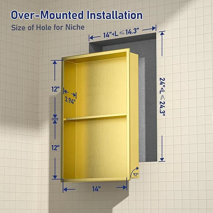 Stainless Steel Shower Niche 14"×24" Gold with 2-Tiers Shelf No Tiled Needed Niche Shower for Wall Recessed Shower Box for Bathroom Shower Storage - ModernBath