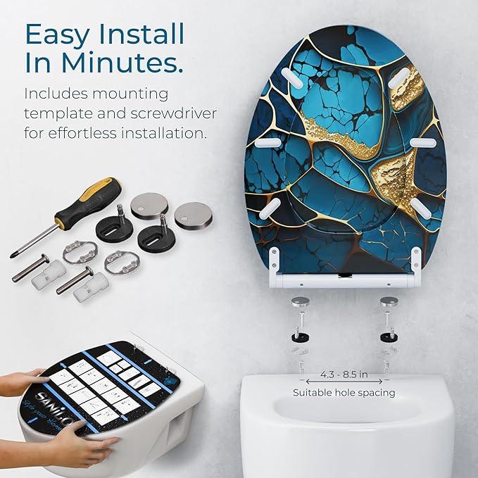 Sanilo Wooden Toilet Seat with Quick Release & Soft Close [ELONGATED] - Decorative & Slow Close Molded Wood Seat - With One Click for Easy Installation & Cleaning - With Adjustable Fit (Marble Cobalt) - ModernBath