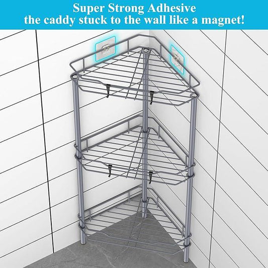 3 Tier Floor Standing Corner Shower Caddy Organizer Shelf with Hooks, Bathroom Shelves Stand Rack, Dark Gray - ModernBath