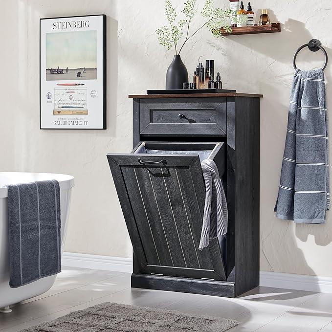 Tilt Out Laundry Hamper Cabinet, 10 Gallon Farmhouse Trash Can Cabinet with Drawer, Hidden Wood Garbage Can Bin Cabinet with Laundry Storage Basket for Bathroom, Kitchen, Dark Grey - ModernBath