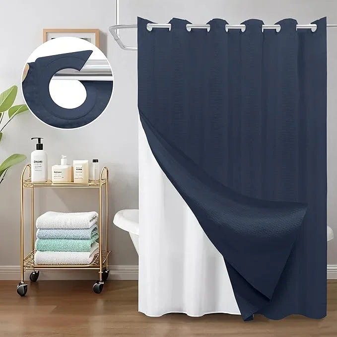 Inhousolu No Hook Waffle Weave Shower Curtain with Removable Snap in Fabric Liner Set for Bathroom, 230 GSM Heavy Duty Weighted Hem, Water Repellent Washable Bath Curtains, 72 x 72 Inch, Navy Blue - ModernBath