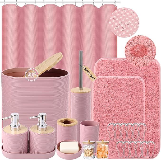 XLHOMO Bathroom Set - Pink Bathroom Accessories Set, Bathroom Sets with Shower Curtain and Rugs, 25PC Shower Curtain Set with Hooks, Soap Dispenser, Soap Dish, Toilet Brush Holder and Trash Can - ModernBath