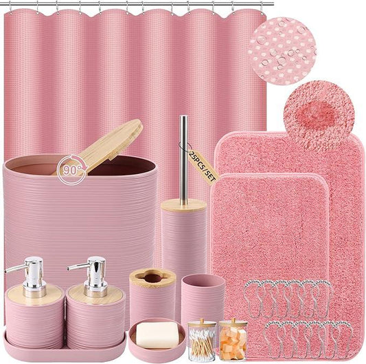 XLHOMO Bathroom Set - Pink Bathroom Accessories Set, Bathroom Sets with Shower Curtain and Rugs, 25PC Shower Curtain Set with Hooks, Soap Dispenser, Soap Dish, Toilet Brush Holder and Trash Can - ModernBath