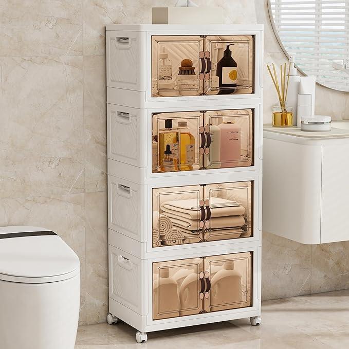 Storage Bins with 2 Lids and Wheels, 660QT-110QT*6Tier Collapsible Bathroom Storage Cabinet with Clear Doors, Plastic Stackable Closet Organizers and Containers White - ModernBath