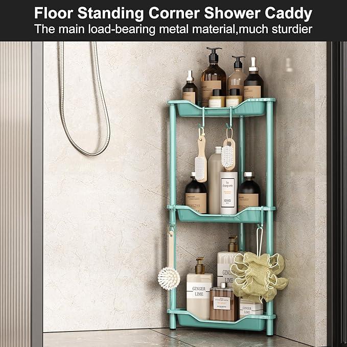 Orimade Rustproof 3 Tier Floor Standing Corner Shower Caddy Organizer, Plastic Metal Splicing Floor Corner Shelf Rack Stands for Bathroom, Blue - ModernBath