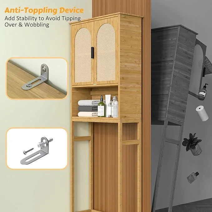 MUPATER 67''H Bamboo Over The Toilet Storage Cabinet, Bathroom Organizer Over Toilet with Rattan Doors, Freestanding Bathroom Storage Shelf Space-Saver, Natural - ModernBath
