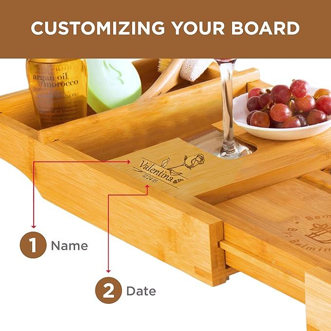 Personalized Bathtub Tray - Engraved Foldable Bamboo Bath Caddy, Tub Tray with Expandable Sides, Luxury Wooden Bath Table for Relaxation Spa - Customized Gift for Mom, Wife, New Home - ModernBath