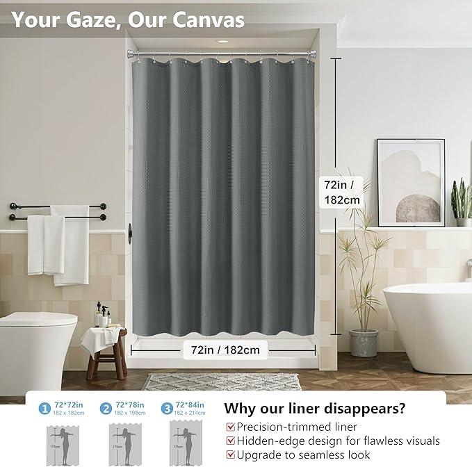 VANZAVANZU Luxury 3 in 1 Shower Curtain Set 3D Textured Waffle Weave Bathroom Curtain with Waterproof SGS Certified Fabric Liner & 12 Anti-Fall Stainless Steel Hooks, Machine Washable 72"x72" (Grey) - ModernBath