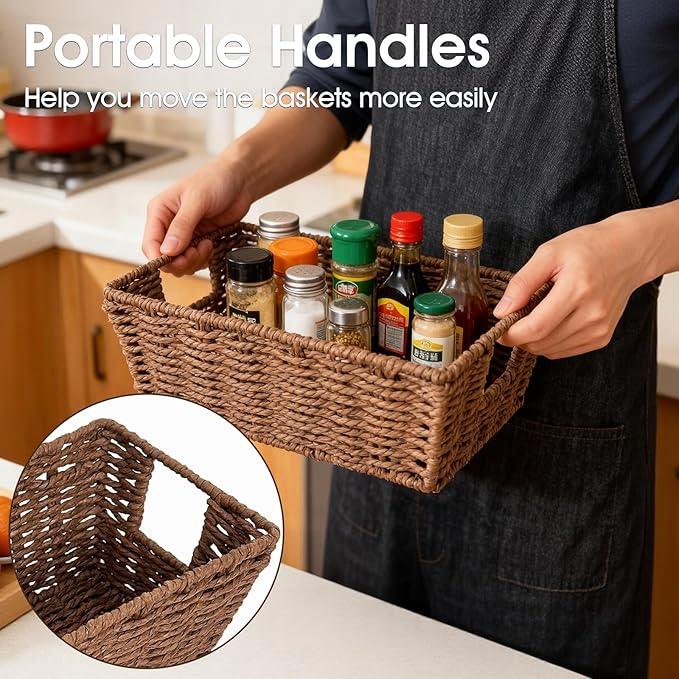 Paper Rope Storage Baskets for Shelves Organizing, Small Hand Woven Wicker Organizer Basket with Handle for Bathroom Toilet Paper Storage, Brown, 3-Pack - ModernBath