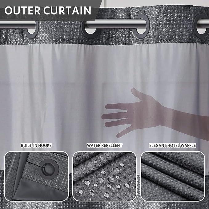 Furlinic Dark Grey Small Stall No Hook Shower Curtain with Snap in Liner,Waffle Weave Heavy Duty Fabric Waterproof Bathroom Curtains,Washable Shower Curtain Set with See Through Window 36x72 Inch - ModernBath