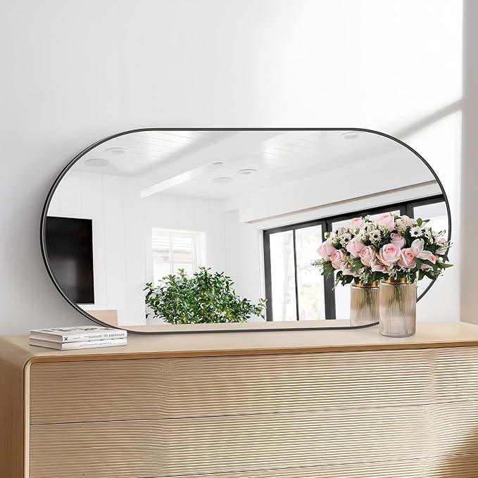 Bathroom Mirrors, 24" x48" Black Mirrors, Oval Vanity Mirrors, Metal Framed Wall Mounted Mirrors, Vertical/Horizontal Mirror for Bathroom Bedroom Entryway Living Room - ModernBath