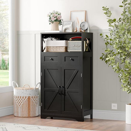 SUPER DEAL Farmhouse Storage Cabinet, Bathroom Floor Cabinet Kitchen Pantry with Doors and Drawers, Hutch Cupboard for Living Room, Bedroom, Laundry, Black - ModernBath