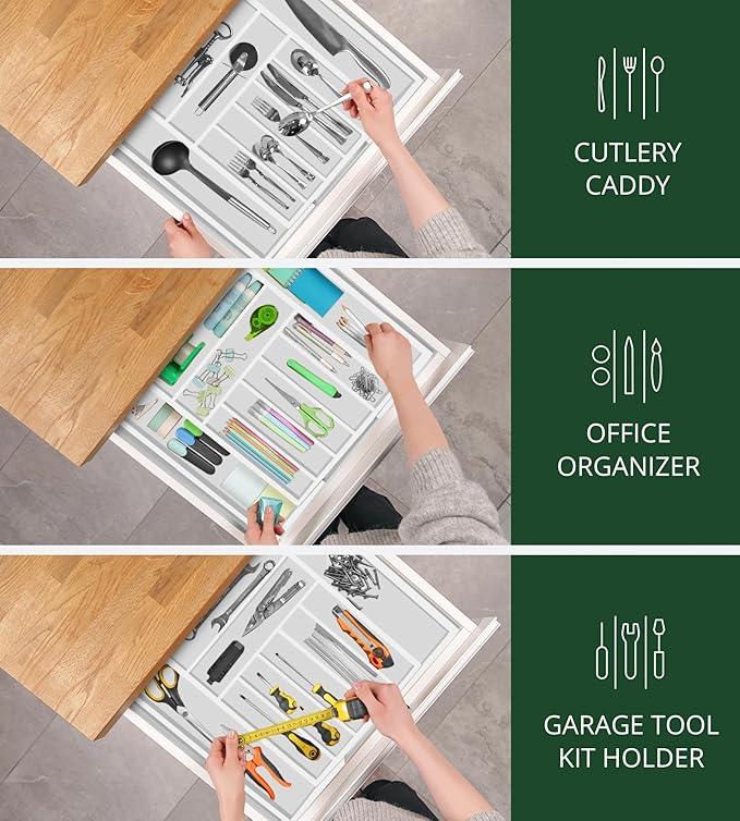 ROYAL CRAFT WOOD Luxury Bamboo Kitchen Drawer Organizer - Silverware Organizer - Utensil Holder and Cutlery Tray with Grooved Drawer Dividers for Flatware and Kitchen Utensils (9 Slot, White) - ModernBath