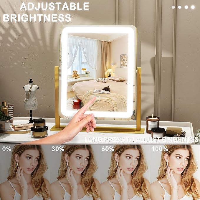 ROLOVE Vanity Mirror with Lights, 12.6"×15" LED Makeup Mirror, Lighted Makeup Mirror with Lights, Smart Touch Control Dimmable 3 Modes Light, Lighted Up Mirror for Makeup Desk, Gold - ModernBath