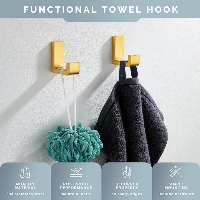 Angle Simple Towel Hook Brassy Gold 2 Pack, 304 Stainless Steel Robe Hook for Bathroom - ModernBath