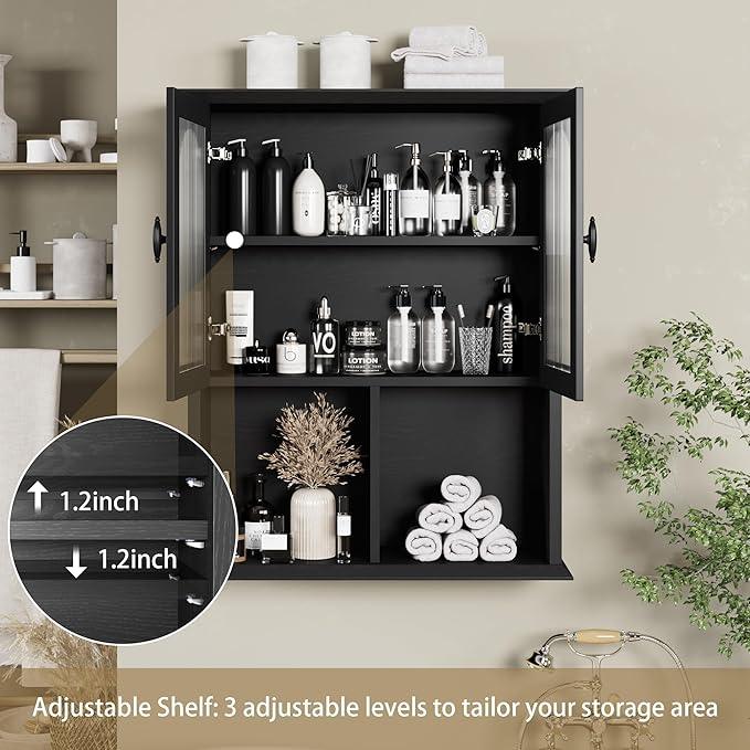 CJL Bathroom Wall Cabinet with Fluted Door, 23.6'' x 29.5'' Medicine Cabinet, Over The Toilet Storage Cabinet, Black - ModernBath