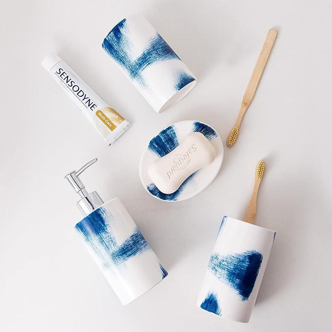 4 Piece Painted Ceramic Bathroom Accessory Set, Includes Soap Dispenser Pump, Toothbrush Holder, Tumbler, Soap Dish Sanitary, Ideas Home Gift for Ware Home Decor Bath(Blue & White) - ModernBath