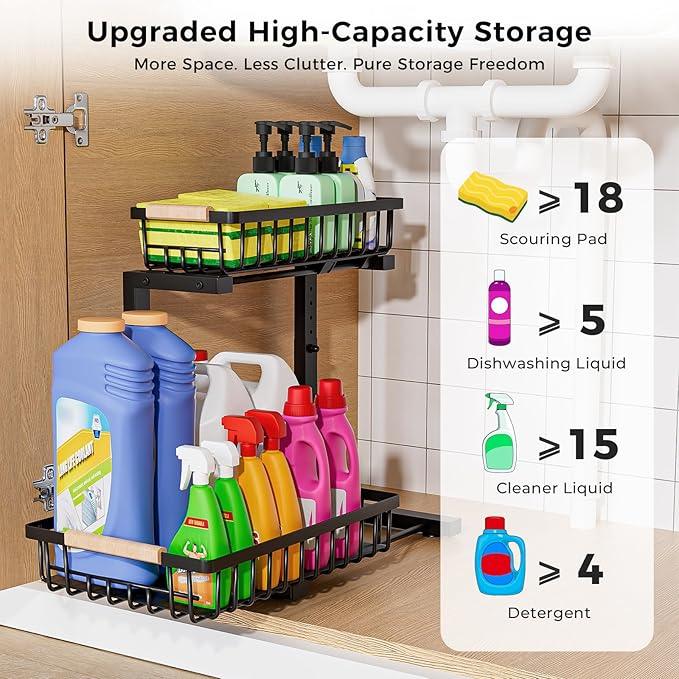 Under Sink Organizer,2 Pack Under Kitchen Sink Organizer,2 Tier Sliding-Out,5 Level Height Adjustable,Thickened Carbon Steel,Anti-rust Treatment,For Kitchen Bathroom Black - ModernBath