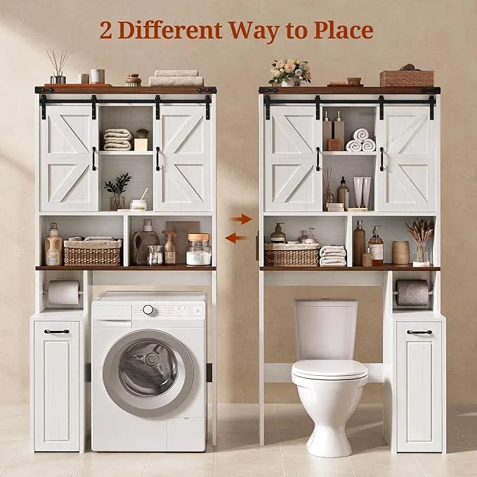 Farmhouse Over The Toilet Storage Cabinet with Pulley, Slide Barn Doors Bathroom Storage Cabinet, Space Saver W/Adjustable Shelf & Open Shelf for Bathroom, Restroom, Laundry (White Brown-Type A) - ModernBath