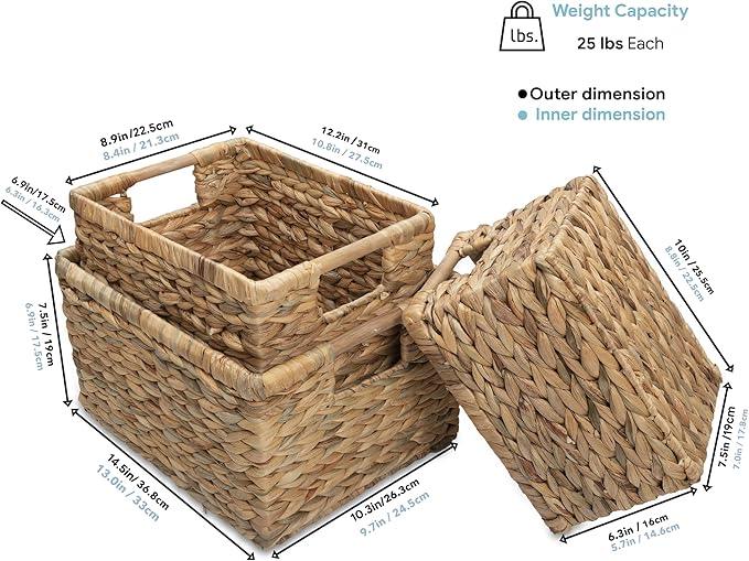 Water Hyacinth Storage Baskets with Wooden Handles, Rectangular Woven Organizer Bins for Closet, Pantry, Bathroom, or Shelves, Natural Decorative Storage Baskets for Home Organization – Set of 3 - ModernBath