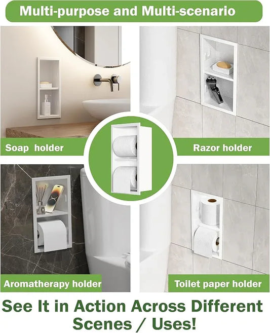 Toilet Paper Holder Recessed Wall,Double-Layer Storage Roll Paper Dispenser, Can Also be Used as Footrest,Soap Holder and Shower Niche,Stainless Steel,Matte White,13.5 in X 18 in X 4 in - ModernBath