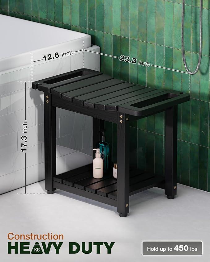 BLUEWEST Shower Bench Seat with Storage Shelf, Natural Wood Shower Benches for Inside Shower to Sit on, Waterproof Bathroom Spa Bench Stool for Legs Shaving with Built-in Handle & Shower Head Holder - ModernBath