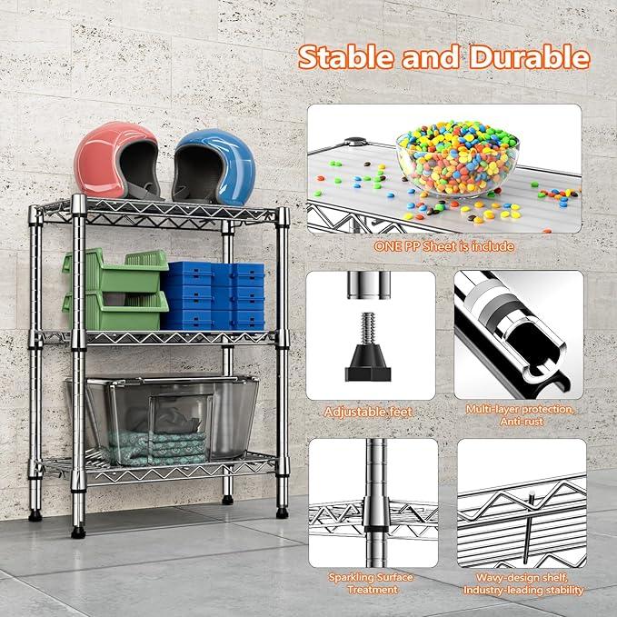 750 lbs 3 Tier Shelf Metal Storage Shelves Wire Rack Closet Organizers with PP Board for Garage Kitchen Bathroom Laundry Chrome 11.8" D x 21.7" W x 28.6" H - ModernBath